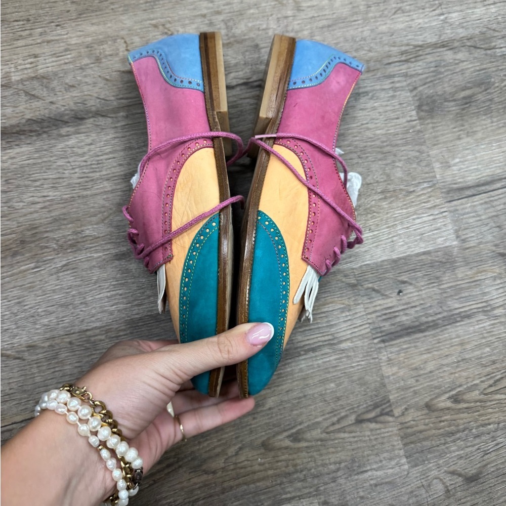 Glacee Blue Pink Flats with Fringe Detail - Picture 2 of 4